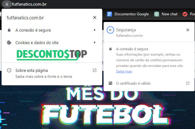 Captura de tela do site FutFanatics com a demonstração do selo SSL