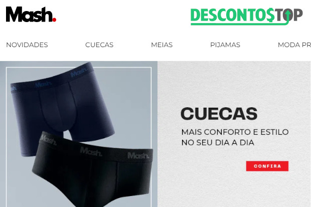 Captura de tela do site Mash, com destaque para a categoria de cuecas