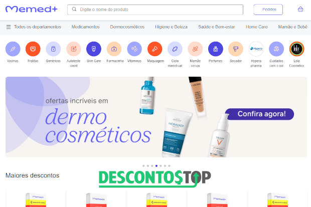 Captura de tela do site Memed, mostrando a parte de cima do site, como banner e categorias