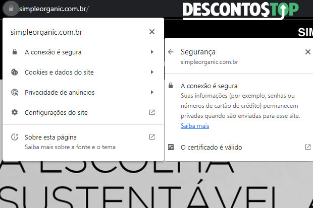 Captura de tela do site Simple Organic, mostrando o cadeado, demonstrando o certificado SSL