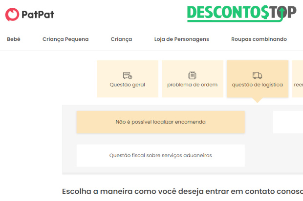 Nessa capotura de tela do site Patpat, é mostrado como entrar em contato. Nesse caso, mostrando as opções de demonstração 