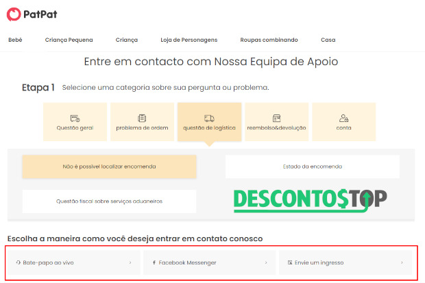 Nessa captura de tela do site Patpat vemos onde ficam as opções 