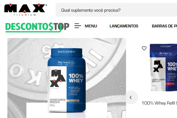 Captura de tela do site Max Titanium, com foco em alguns produtos, nesse caso, Whey