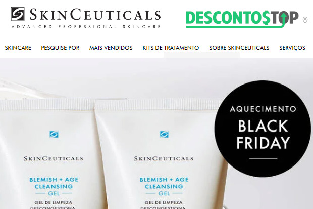 Captura de tela do site SkinCeuticals, dando destaque para o topo da página. Nela, vemos a logo da marca e algumas abas das categorias do site e uma parte do banner inicial. O banner foi modificado, arrastando ele mais para a esquerda, mostrando os produtos e não a escrita do mesmo.