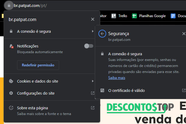 Captura de tela do site Patpat, próximo ao endereço do site na barra de navegação, para demonstração do cadeado citado no texto.