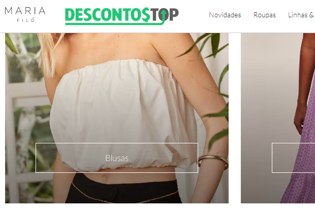 Captura de tela do site Maria Filó, um pouco mais abaixo da página, onde mostram as categorias, mas apenas uma aparece completamente na imagem (no aso a categoria blusas)