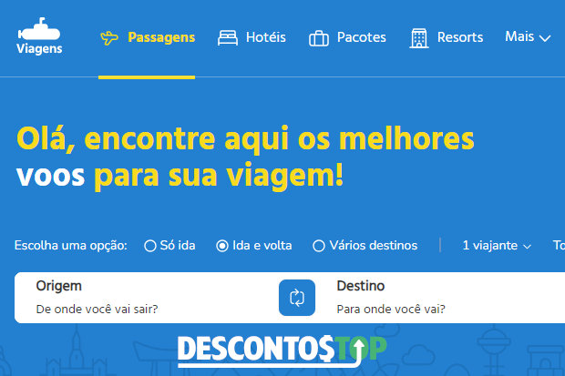 Captura de tela do site Submarino viagens. Testaque ao topo esquerda da página.