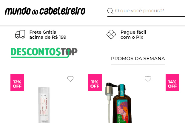 Captura de tela do site Mundo do Cabelereiro, com destaque para o logo e mostrando os primeiros produtos que aparecem na página inicial do site.