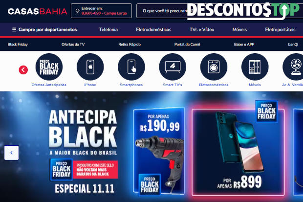 Captura de tela da página inicial do site Casas Bahia e seu banner de pré Black Friday