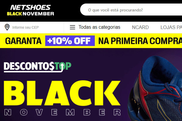 Captura de tela da página inicial do site Netshoes