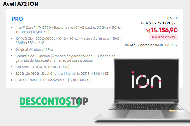 Captura de tela de dados de um modelo de notebook da linha íon, e uma imagem ilustrativa, também printada do site da Avell