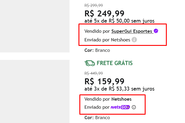 Captura de tela do site Netshoes, mostrando onde encontrar o nome do vendedor e de quem envia os produtos.