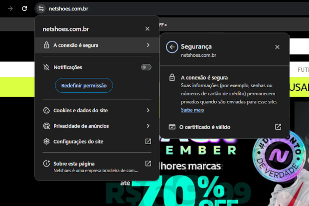 Captura de tela do site Netshoes, mostrando como encontrar a validação de certificado SSL