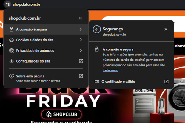 captura de tela do site da ShopClube, mostrando como verificar a validade do certificado.