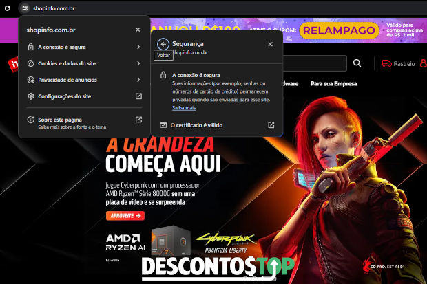 Captura de tela do site Shopinfo, demonstrando o certificado SSL.