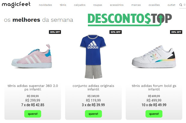 Captura de tela do site Magic Feet mostrando alguns produtos