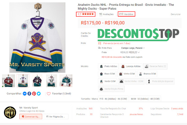 Captura de tela do Site Shopee, mostrando onde ficam as avaliações, número de produtos vendidos e avaliação do prosuto. Além da demonstração de onde encontrar a reputação e dados da loja. 