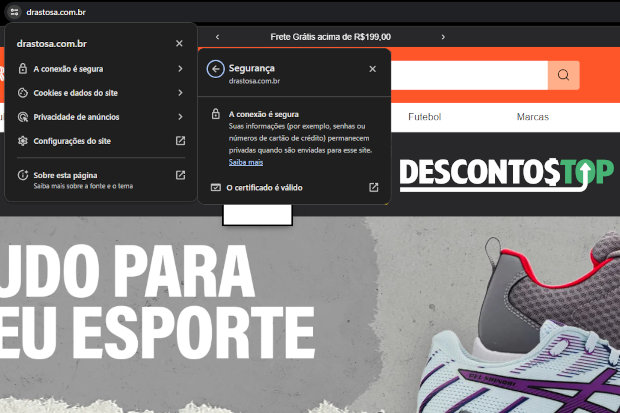 Captura de tela do site Drastosa, demonstrando o certificado SSL.