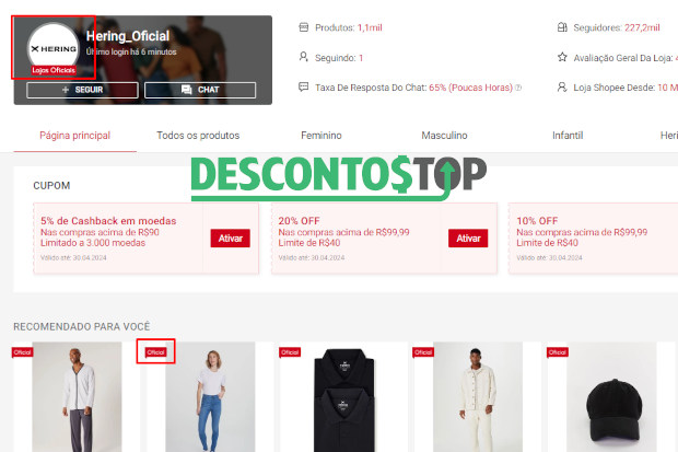 Captura de tela do site Shopee, dentro da loja oficial da Hering, para demonstrar onde fica os selos de 