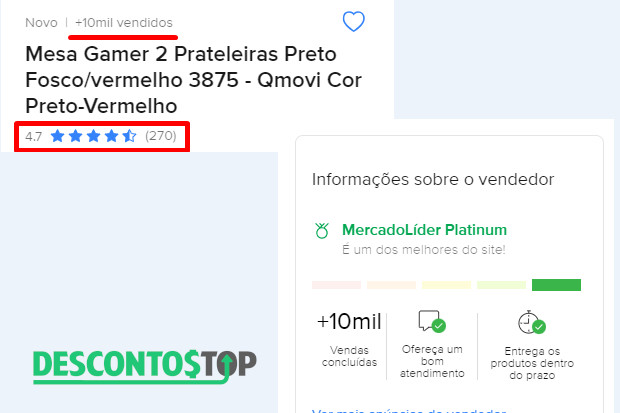 Captura de tela do site Mercado Livre, em um produto aleatório, para demonstração dos locais onde se encontram as avaliações do produto, quantidade de produtos vendidos e dados do vendedor.