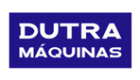 Logo Dutra Máquinas com o nome da marca na cor branca sobre fundo na cor azul.