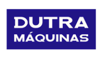 Logo Dutra Máquinas com o nome da marca na cor branca sobre fundo na cor azul.