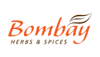 Logo Bombay Herbs & Spices nas cores marrom e laranja com a figura de uma folha em marrom.