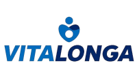 Logo Vitalonga com uma figura e o nome da marca com diferentes tons de azul.