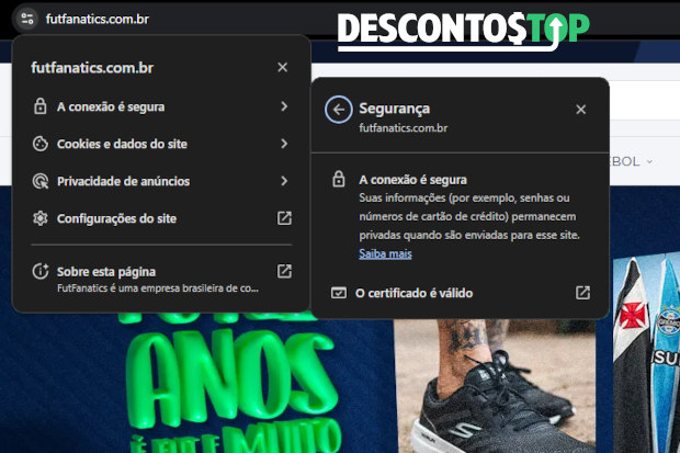 Captura de tela do site FutFanatics, demonstrando o certificado SSL.