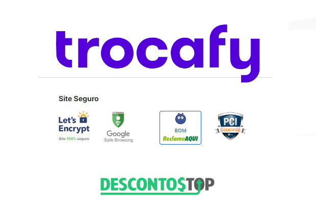 Captura de tela do rodapé do site Trocafy, onde ficam as  logos dos selos e certificados de segurança do site.