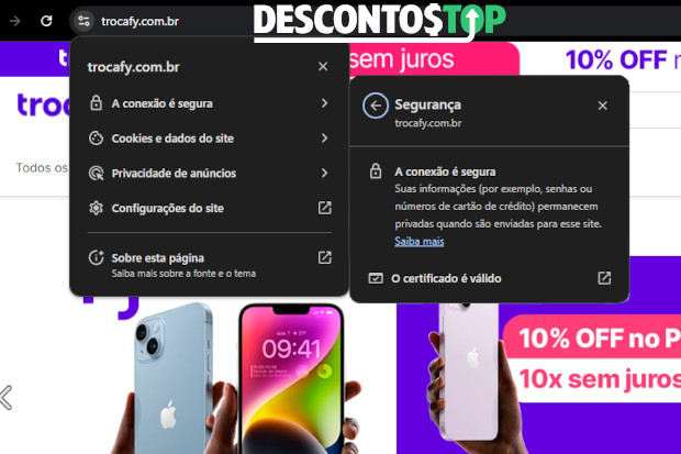 Captura de tela do site Trocafy, demonstrando o certificado SSL.