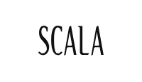 Logo Scala como o nome da marca com letras em preto.