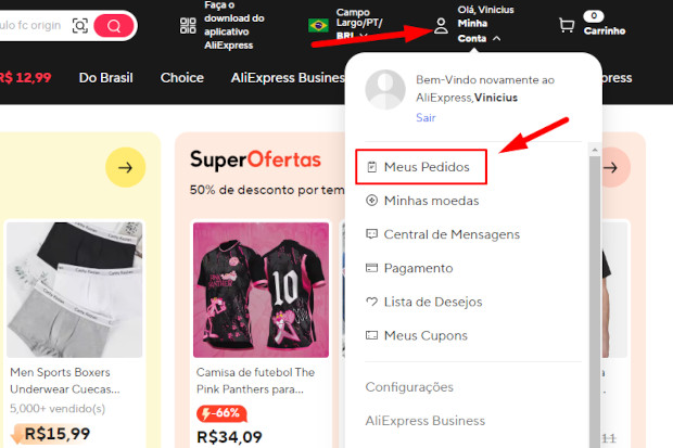 Captura de tela do AliExpress mostrando onde encontrar o seu perfil e a barra de 