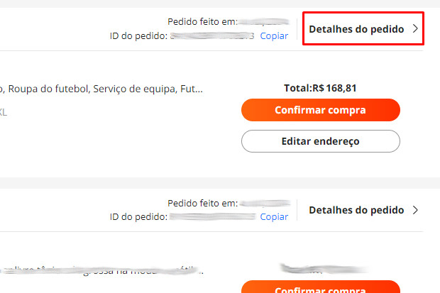 Captura de tela do AliExpress mostrando onde encontrar a opção 