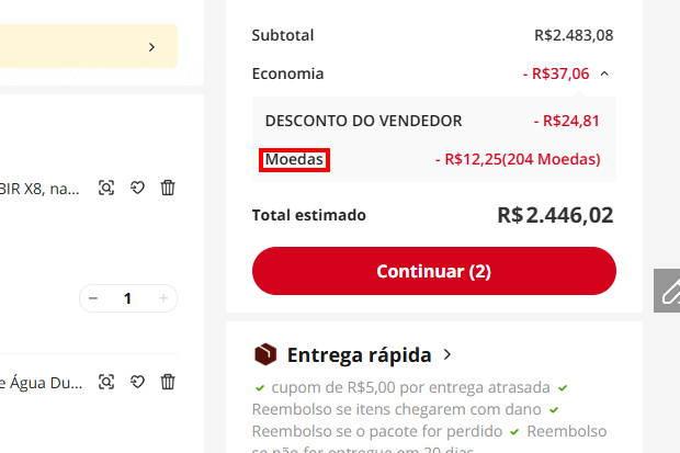 Captura de tela do site do AliExpress mostrando a parte de finalização da compra, onde os valores das moedas aparecem aplicados.