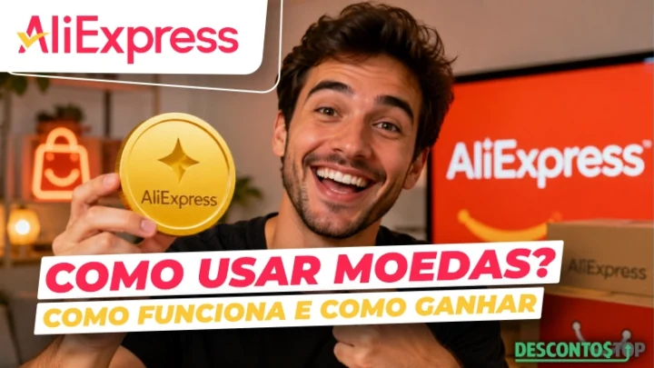 AliExpress Moedas: como usar, como funciona e como ganhar moedas no AliExpress. Homem segurando moeda dourada AliExpress com caixa de compra ao fundo. Guia completo para economizar com cupons e descontos usando moedas virtuais da plataforma.