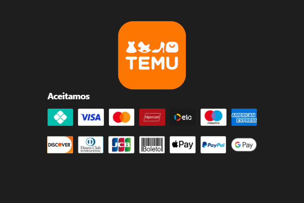 Captura de tela do site Temu, mostrando as logos das formas de pagamento aceitas pela loja.