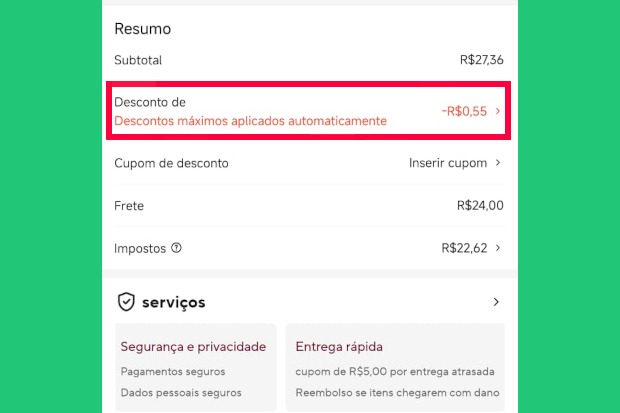 Captura de tela do app do AliExpress