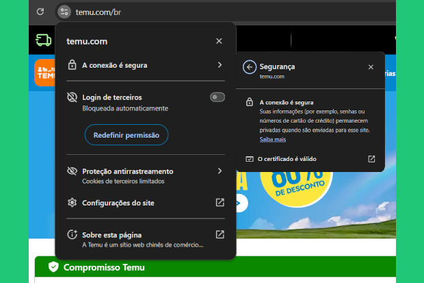 Captura de tela do site Temu, demonstrando o certificado SSL.