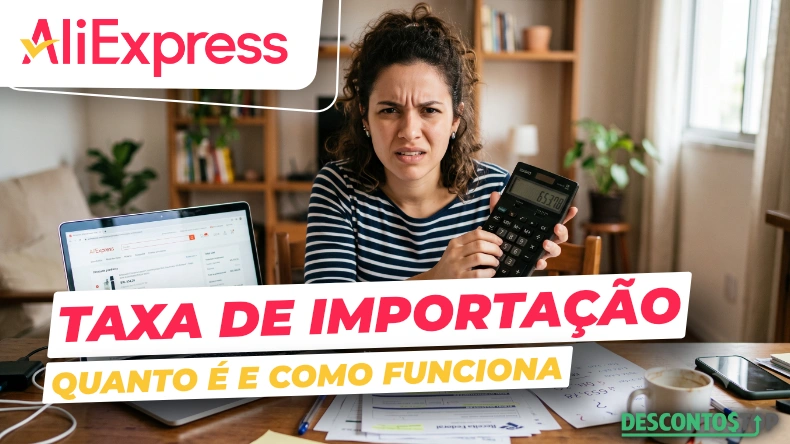 Uma mulher com expressão de preocupação segura uma calculadora enquanto olha para um laptop aberto na página do AliExpress. A imagem ilustra a dúvida sobre quanto custa a taxa de importação e como funciona o cálculo dos impostos em compras internacionais, ajudando o consumidor a entender os valores finais antes de fechar o pedido.