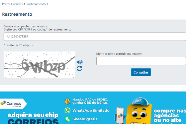 Captura de tela do site do Correios, mostrando a opção de rastreio de pacotes.