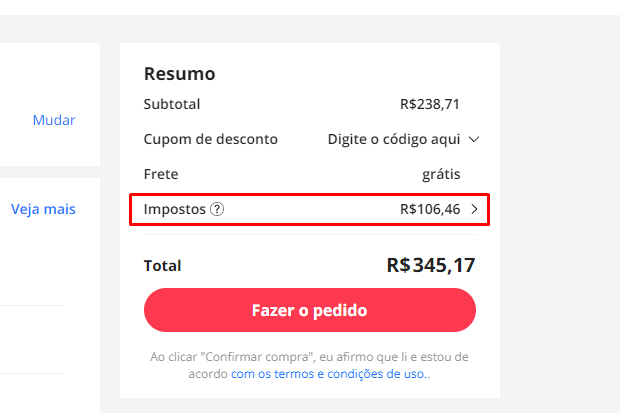 Captura de tela do site AliExpress, mostrando o Chekout  do produto, detalhando preço, frete  e imposto da sua compra.