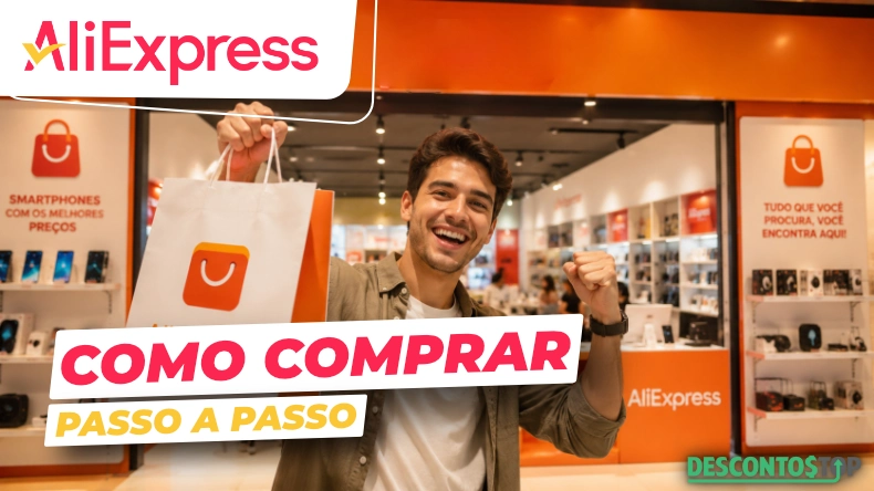 Como comprar no AliExpress? Passo a Passo Um homem sorridente e animado segura sacolas de compra do AliExpress dentro de uma loja com fundo laranja e vitrines de smartphones. A imagem ilustra um guia passo a passo ensinando como comprar no AliExpress, mostrando a satisfação de quem acabou de adquirir produtos com segurança e bons preços.