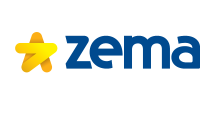 Logo Zema com o nome da marca na cor azul e a imagem de uma estrela na cor amarela.