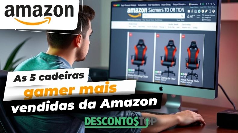 Homem sentado em frente a um PC vendo modelos de cadeiras gamer no site da Amazon