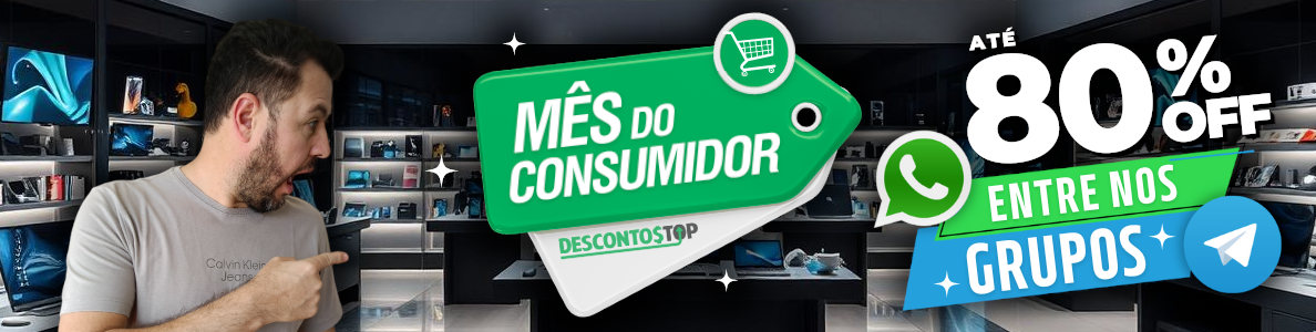 chamada para entrar em grupos de WhatsApp e Telegram para receber descontos de até 50%.