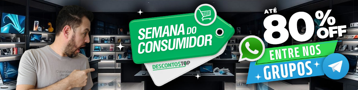 chamada para entrar em grupos de WhatsApp e Telegram para receber descontos de até 50%.