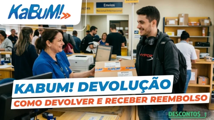 Um funcionário sorridente de uma loja entrega um pacote a um jovem em um balcão da KaBuM!, destacando o processo de devolução do kabum. Outros clientes e funcionários podem ser vistos ao fundo. As sobreposições de texto dizem: KABUM! DEVOLUÇÃO COMO DEVOLVER E RECEBER REEMBOLSO.