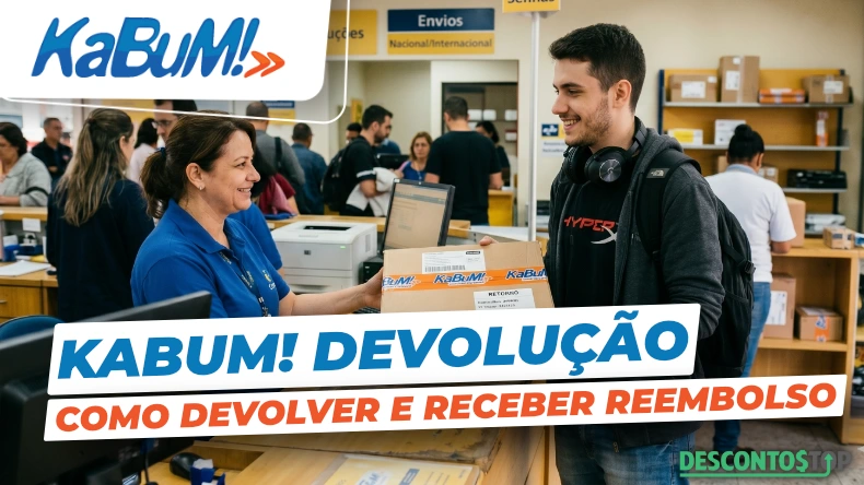 Um funcionário sorridente de uma loja entrega um pacote a um jovem em um balcão da KaBuM!, destacando o processo de devolução do kabum. Outros clientes e funcionários podem ser vistos ao fundo. As sobreposições de texto dizem: KABUM! DEVOLUÇÃO COMO DEVOLVER E RECEBER REEMBOLSO.