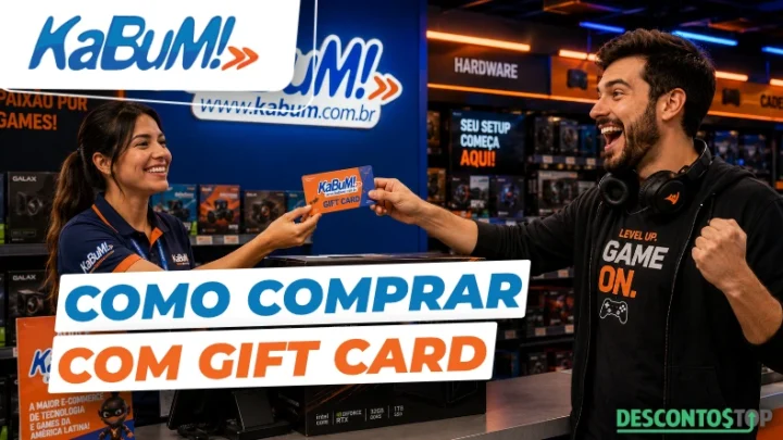 Um homem paga uma compra com o gift card da KaBuM! em uma loja de tecnologia. O texto diz COMO COMPRAR COM GIFT CARD e KaBuM! com produtos de jogos visíveis ao fundo.
